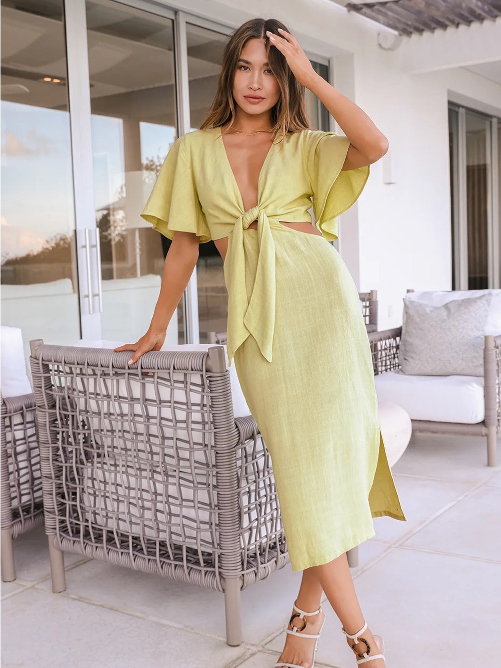 Summer Journey Light Green Tie-Front Cutout Midi
Dress Lulus